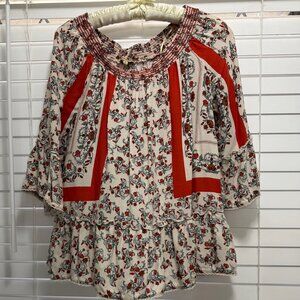 Democracy off shoulder ruffled floral cream & orange boho top; Size M